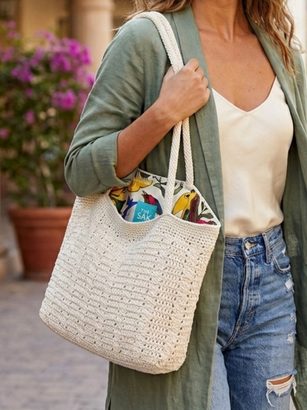The Sak Crochet Shoulder Tote Bag Cream Off White Vibrant Bird Print Lining